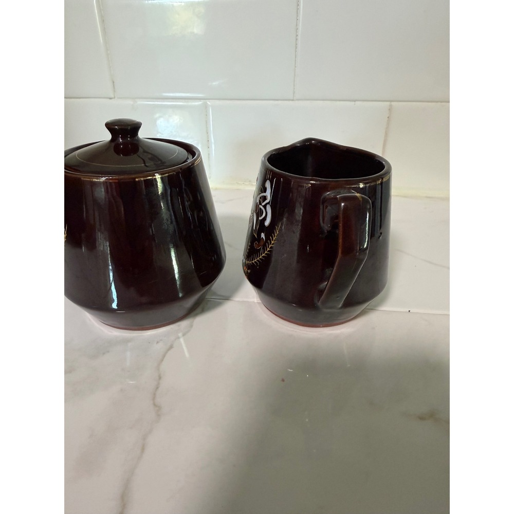 Vintage Brown Betty Red ware Sugar Bowl and Creamer Set Mid Century Folk Art - Picture 2 of 8